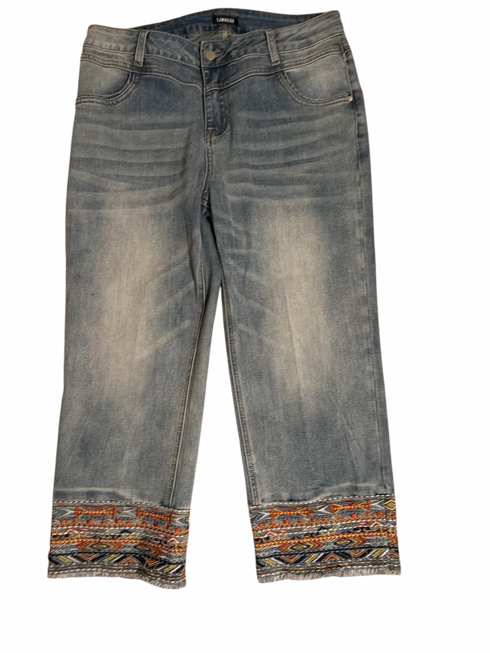 Flamingals High-Waisted Cropped Jeans with Embroidered Boho Hem – Size XL